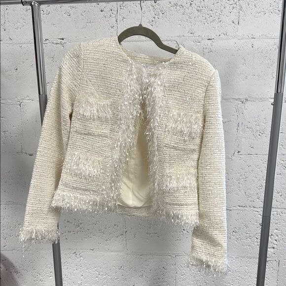 Chic Cream Tweed Jacket with Fringe - ENGLISH FACTORY - NWOT - Size Small - Picture 1 of 5